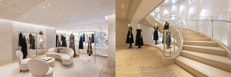 Dior 旗艦店中的螺旋樓梯及 Dior Maison 家品系列的空間