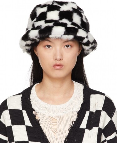R13 Black & White Faux-Fur Bucket Hat