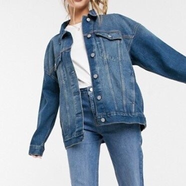 ASOS DESIGN denim oversized jacket in mid wash blue