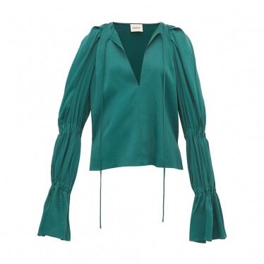 KHAITE Cortez shirred-sleeve satin blouse $6,291