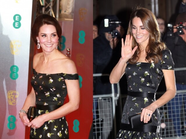 2017 年時凱特王妃在出席 BAFTA 時穿上了 Erdem 一字膊的碎花長禮服