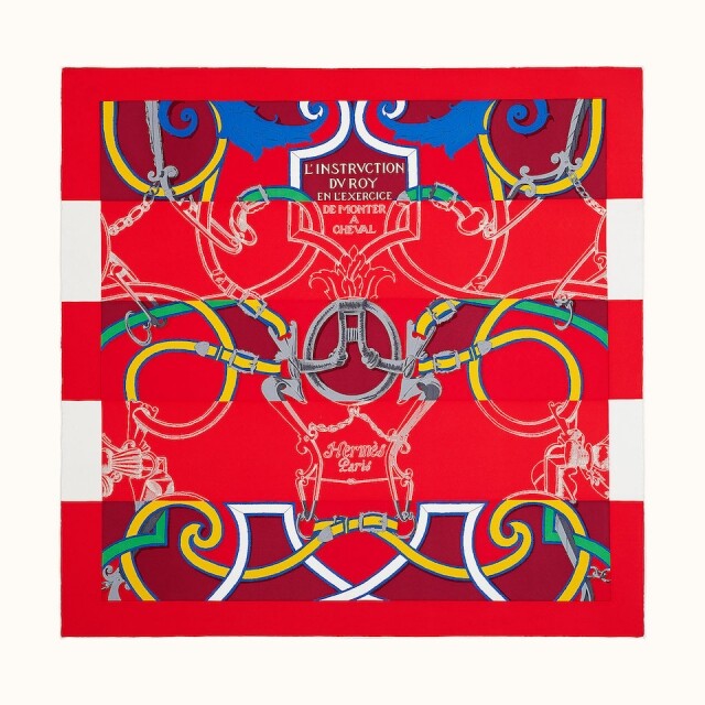 Hermès 絲巾：L'Instruction du Roy Bayadere 90 厘米復古紅色絲巾