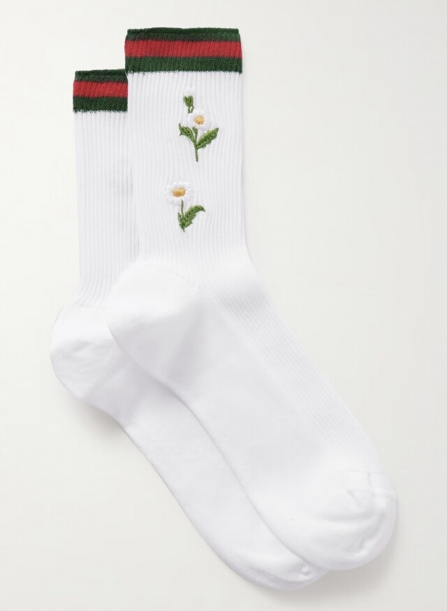 Gucci 刺繡條紋羅紋棉混紡襪 Gucci 刺繡條紋羅紋棉混紡襪