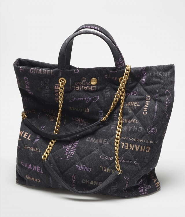 Chanel字母印花黑色牛仔 Shopping Bag