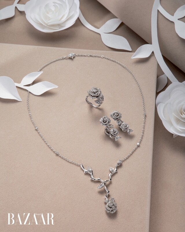Rose Dior Bagatelle 白金鑽石項鏈、戒指及耳環。