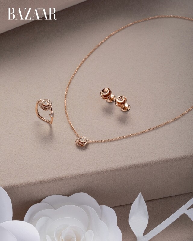 (由左至右) Rose Dior Couture 玫瑰金鑽石戒指、項鏈及耳環。 (由左至右) Rose Dior Couture 玫瑰金鑽石戒指、項鏈及耳環。