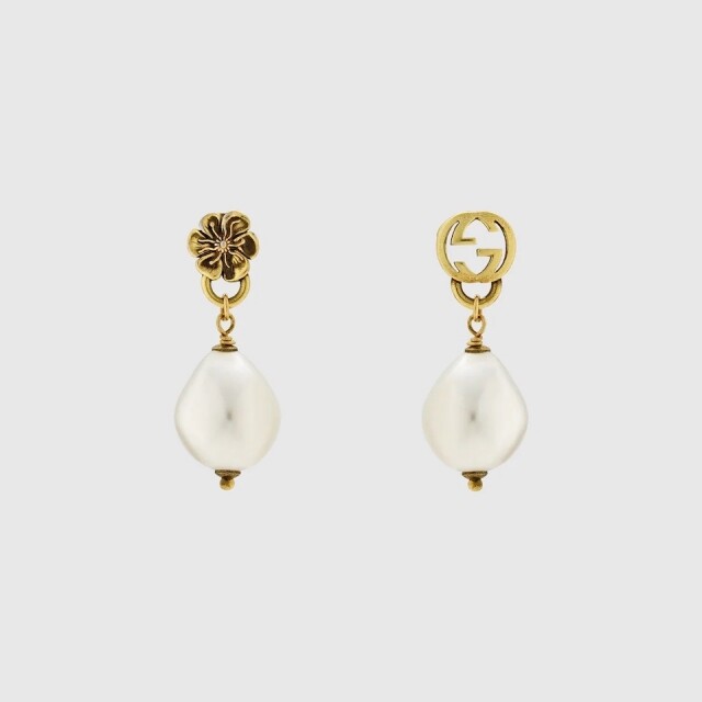 Gucci 耳環推介：Gucci Interlocking G flower pearl earrings $3,450