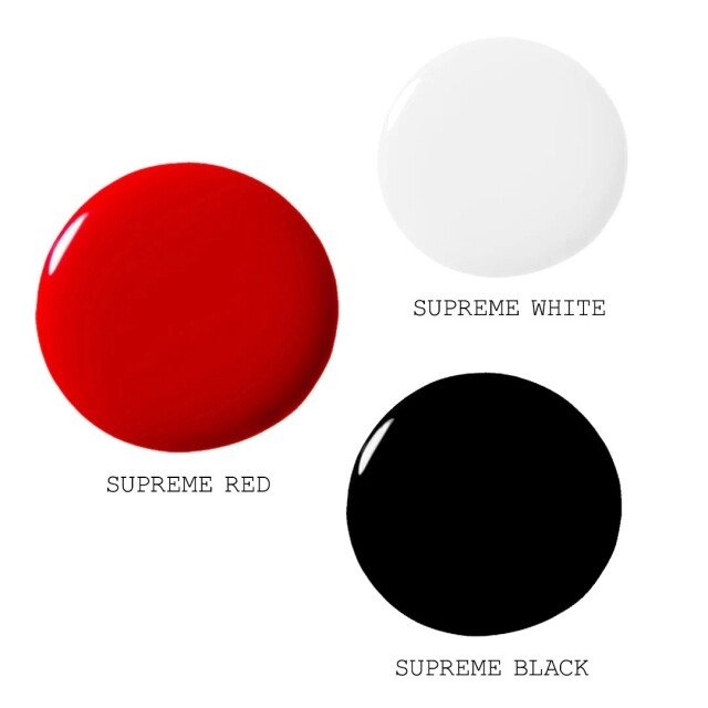 Supreme x Pat McGrath Labs 指甲油紅色、黑色和白色，每瓶 0.5oz