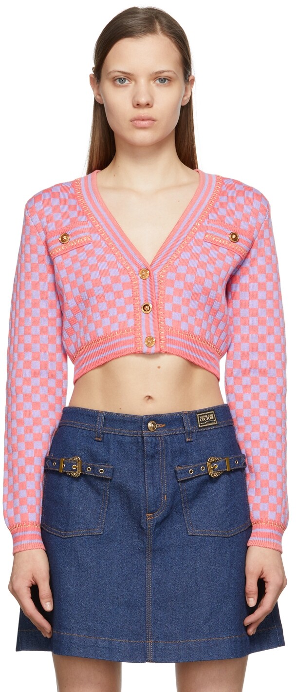 Versace Pink & Purple Checkboard Cropped Cardigan Versace Pink & Purple Checkboard Cropped Cardigan