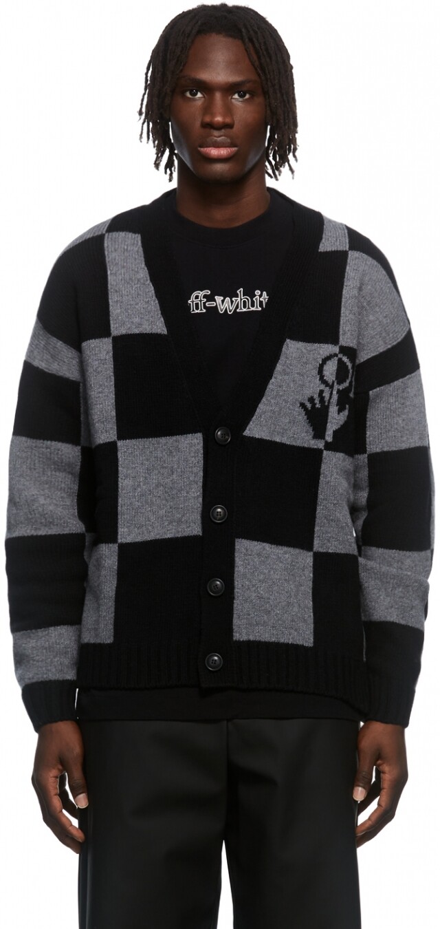 Off-White Black & Grey Check Knit Cardigan Off-White Black & Grey Check Knit Cardigan