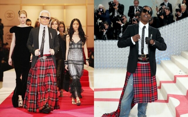 A$AP Rocky 以 Gucci 格紋裙搭配西裝外套，致敬 Karl Lagerfeld 在 2004 年 Chanel 騷場上的造型。