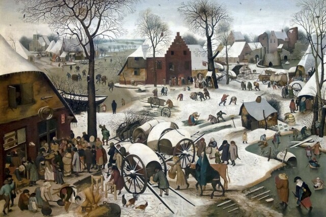 Pieter Bruegel the Elder 畫筆下的白雪皚皚的冬季場景，靈感來自他的家鄉法蘭德斯。畫中描繪聖母瑪利亞和約瑟前往伯利恆註冊的場景，Pieter Bruegel the Elder 熱愛以現代設置和本地的場景來描繪聖經事件，在畫中以仔細的筆觸完美展示。驟眼一看，這個場景與現代的歐洲村落的聖誕景致無甚差別，同樣也是在濃濃的雪景中期待些甚麼。