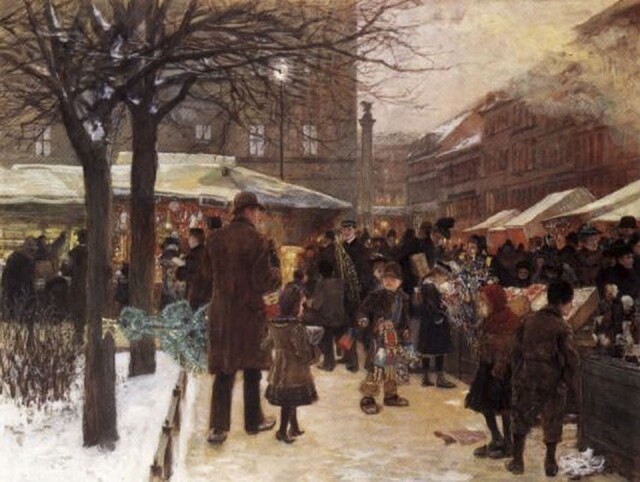畫家 Franz Skarbina 用細緻的水彩畫描繪了當時的一個美麗繁華的聖誕市集