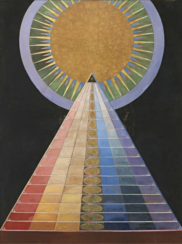 Hilma af Klint 的抽象畫作中，最獨特的是不同的色彩運用、幾何圖像及象徵符號。