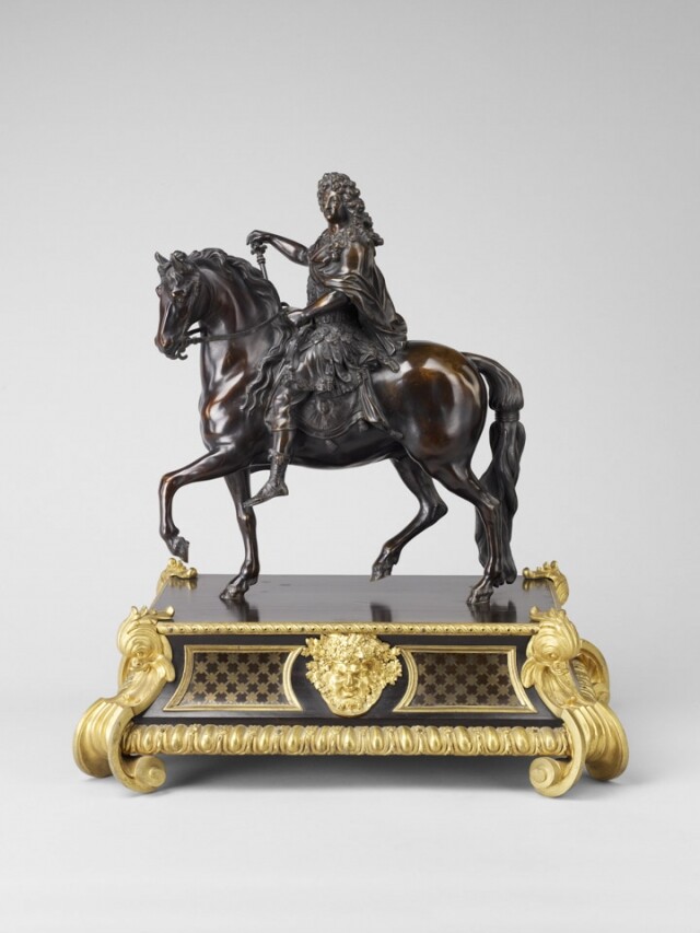 François Girardon, Equestrian Statue of Louis XIV as a Roman Emperor, Early 18th century Bronze, ebony with copper and brass marquetry, gilded bronze 60 x 55 x 39 cm