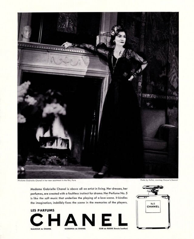 1937 年 Coco Chanel 親自上陣拍攝的 N°5 香水廣告，刊登於 Harper's Bazaar 。