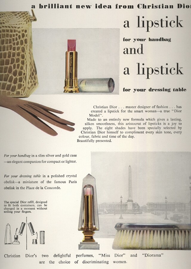 首支傲姿唇膏於 1956 年的宣傳資料，強調補充裝的設計