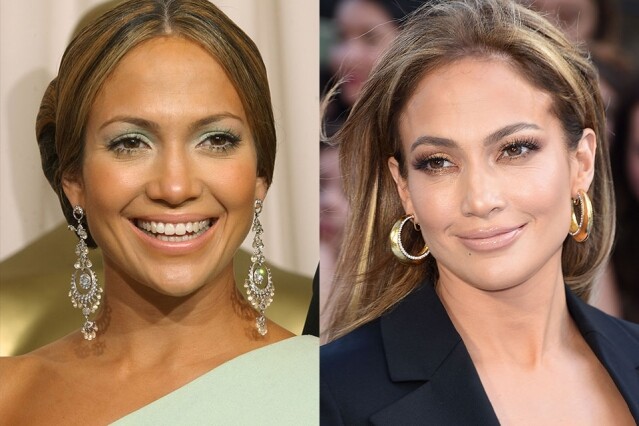 Jennifer Lopez 以前喜愛使用的鮮色眼影，令她的妝容毫無層次感，妝容的感覺就是一張亂畫的畫。換成大地色系眼影後，用裸色唇膏已經艷壓紅地毯。