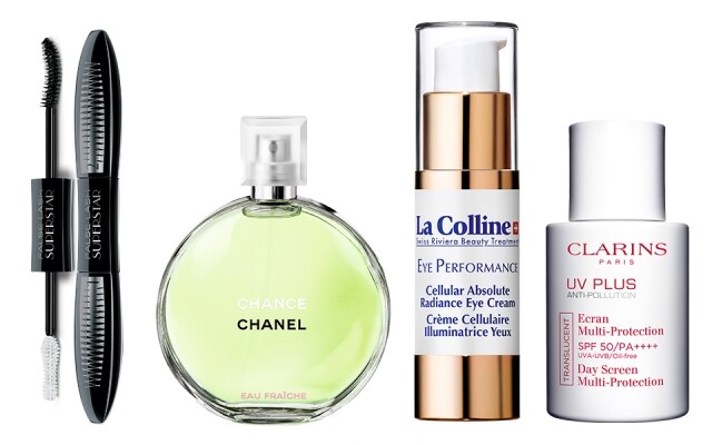 L'Oreal Double Extend Voluminous Superstar Mascara CHANEL Chance Eau Fraîche EDT LA COLLINE Cellular Absolute Radiance Eye Cream CLARINS UV PLUS Day Screen Multi-Protection SPF50/PA++++