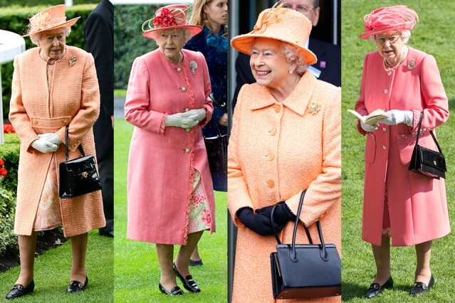 橙色 配飾方面，女皇獨愛胸針，並且會根據套裝的顏色、材質及剪裁配搭相對應的胸針。同樣的粉橙色套裝，配合不同的胸針，既可活潑又可優雅。