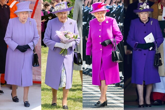 紫色 即使是同一種粉紫色，女皇擁有不同設計的外套。別誤會女皇每天都要穿新衣！造型師每天都會記錄低女皇的 OOTD，確保她短期內不會撞色、撞款。