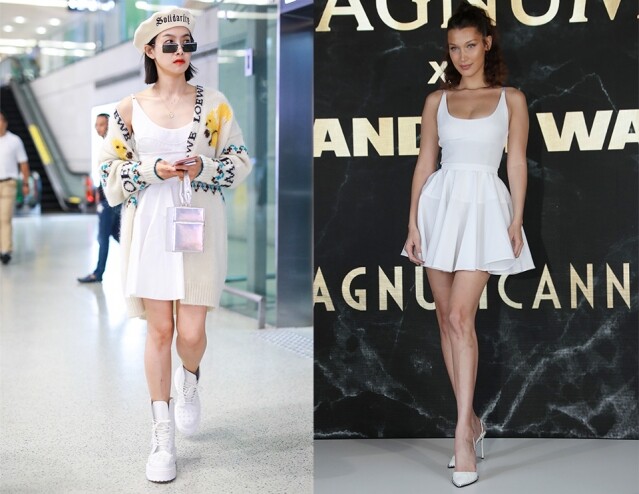 Alexander Wang 同一條 Alexander Wang 白色裙就算是撞款,都一樣可以穿出不一樣的風格 ,宋茜以針織衫配襯,穿出街頭風,Bella Hadid 則單以連身裙示人,穿出女人味,看來是 Bella Hadid 稍勝。 Alexander Wang 同一條 Alexander Wang 白色裙就算是撞款,都一樣可以穿出不一樣的風格 ,宋茜以針織衫配襯,穿出街頭風,Bella Hadid 則單以連身裙示人,穿出女人味,看來是 Bella Hadid 稍勝。