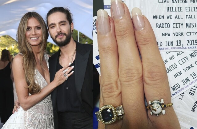 Heidi Klum 與歌手男友 Tom Kaulitz 訂婚婚戒有兩個指環，其中一枚為鑲鑽設計。兩顆鑽石於中央並置，其中一顆為耀目的黑鑽，優雅且沉穩