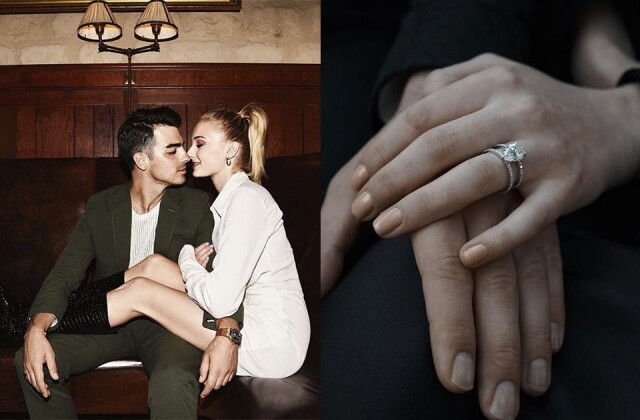 Sophie Turner 手上戴著的超閃訂婚鑽戒由兩個指環組成，梨形鑽石置中，估計鑽石有至少具 2 卡或以上。