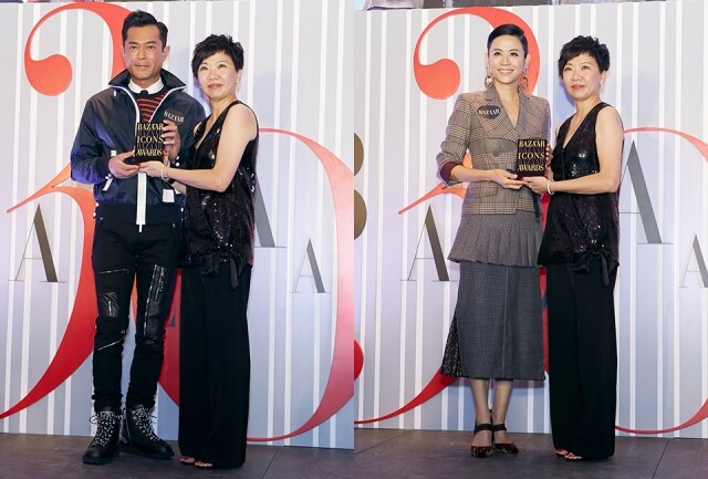 古天樂及宣萱從 Harper's BAZAAR 董事總經理及出版人 Josephine Chan 接過 BAZAAR Icons Award。