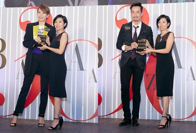 陳豪及梁詠琪從 Harper‘s BAZAAR 總經理 Amy Cheng 接過 BAZAAR Icons Award。