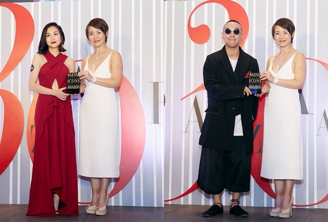 麥浚龍及謝安琪從 Harper's BAZAAR 總經理 Sophia Yu 接過 BAZAAR Icons Award。