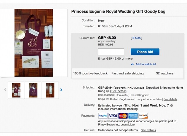 英國廣播公司報導，幾位收到婚宴禮品袋的賓客嘗試將其列入網上銷售。