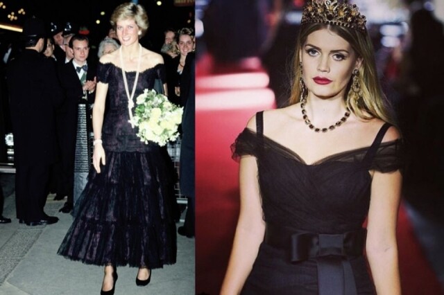 Princess Diana 穿上一字肩蕾絲黑色晚禮服