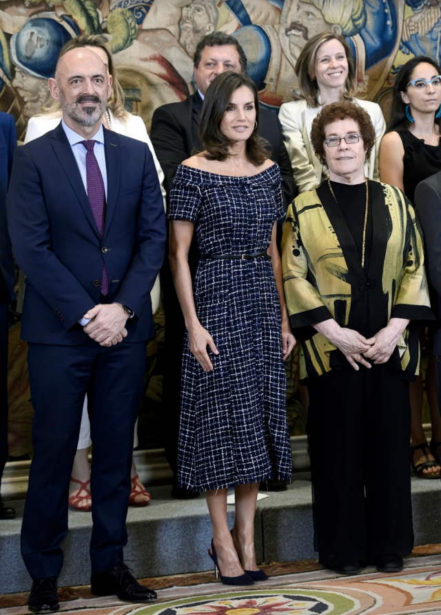 過去的 7 月，西班牙王后在薩蘇埃拉皇宮接待來賓時，身穿一襲深藍色的格紋呢絨 Zara 裙子。