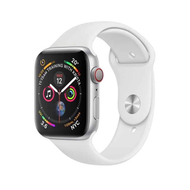 Apple Watch Series 4 銀色鋁金屬錶殼配白色運動錶帶。