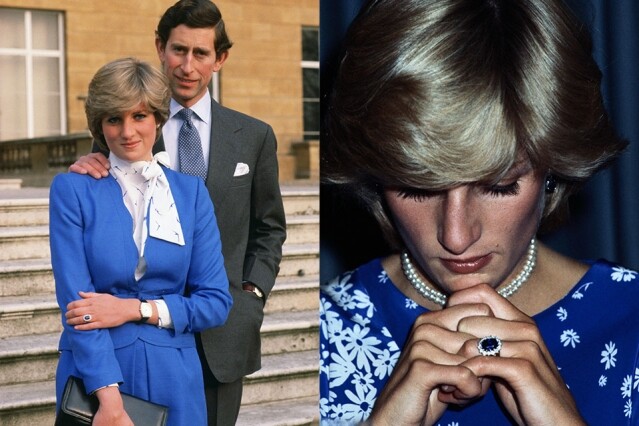 當年，威爾斯親王查爾斯王子送給戴安娜王妃的訂婚戒指，並不是訂製的款式，而是品牌 Garrard 的 catalog 上可供直接購買的款式，這行為突破皇室傳統。然而，這一枚藍寶石戒指雖然設計不獨特，但辨識度已經很高。以 14 顆白鑽包圍方形明亮式切割的 12 卡巨型藍寶石，設計大方得體。