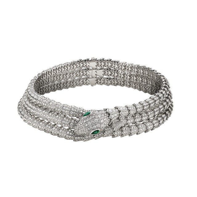 BVLGARI Serpenti 18K 白金飾祖母綠寶石及鑽石高級珠寶頸鏈