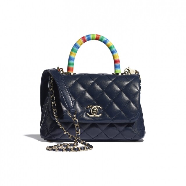 Chanel top handel 山羊皮深藍色迷你手挽垂蓋手袋 價錢：$29,900