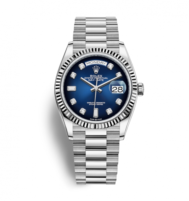深藍色錶面的勞力士腕錶 Rolex Oyster Perpetual Day‑Date 40mm，搭配獨特的錶面設計，令腕錶更易識別。