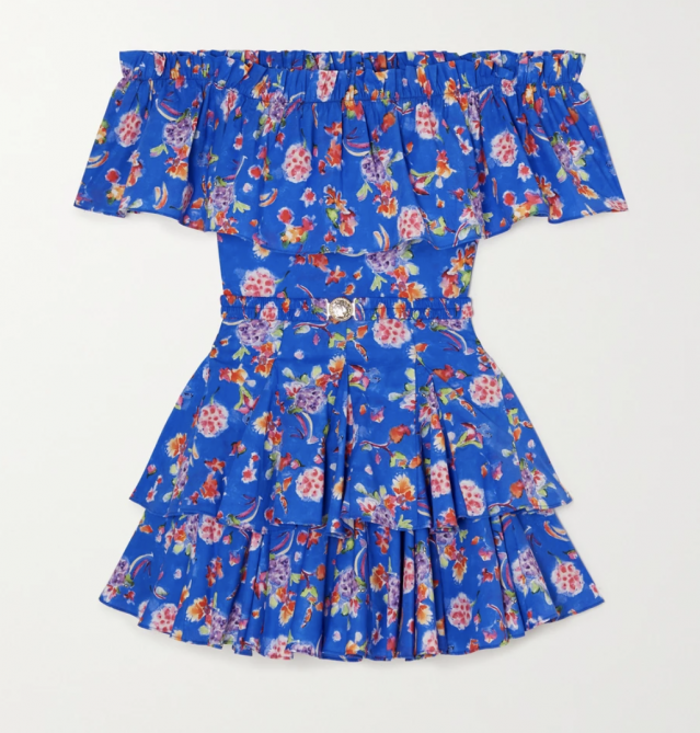 CAROLINE CONSTAS Serena off-the-shoulder belted ruffled floral-print cotton-blend mini dress CAROLINE CONSTAS Serena off-the-shoulder belted ruffled floral-print cotton-blend mini dress