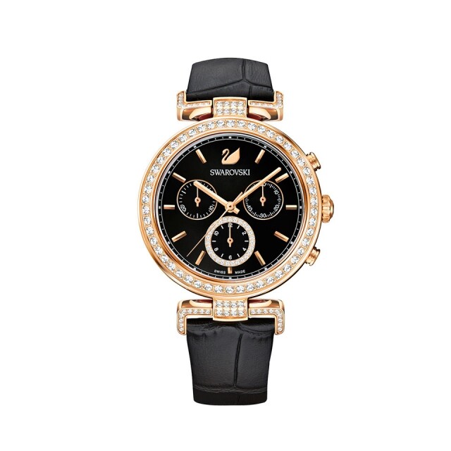 錶殼鍍上玫瑰金色並鑲有 50 顆 Swarovski 水晶，配上黑色放射圖紋錶盤和真皮錶帶。