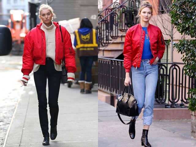 同場加映，名模 Elsa Hosk 以及 Karlie Kloss 在 off duty 的日子都喜愛穿著紅色 bomber jacket。平平無