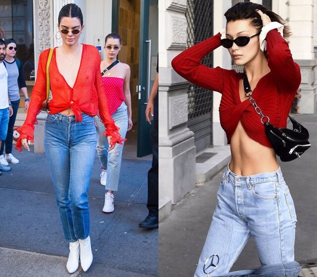 Kendall Jenner 和 Bella Hadid 都很喜愛以紅色 crop top 配搭牛仔褲