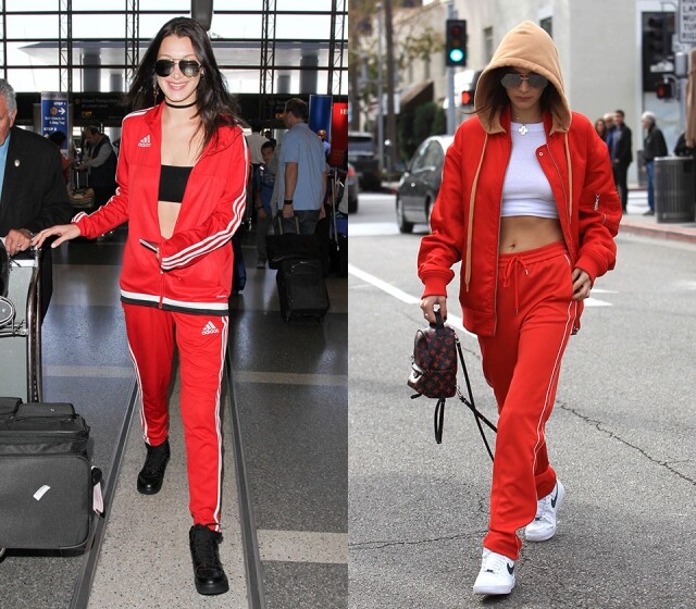 Bella 的機場 look 選擇紅色運動套裝配 bra top