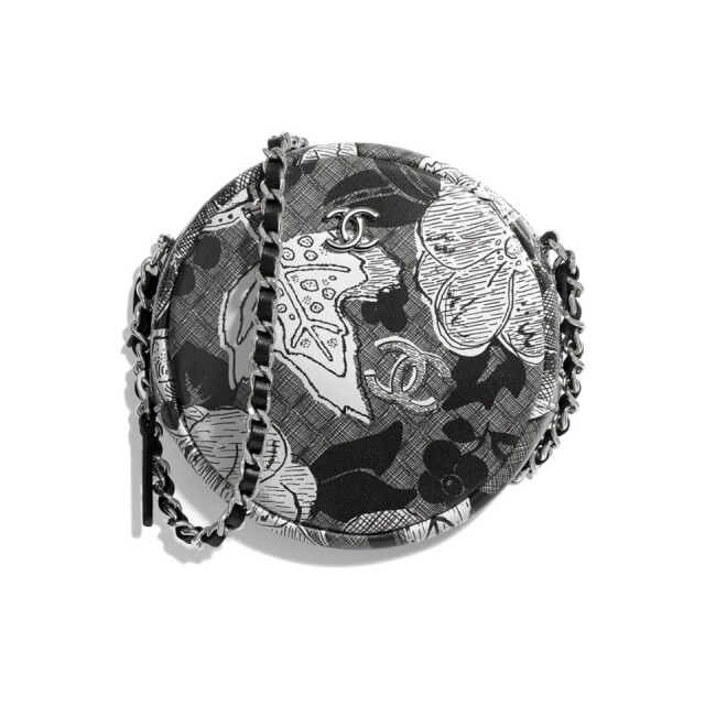 Chanel 黑白色圖案綴金屬鏈圓型銀包