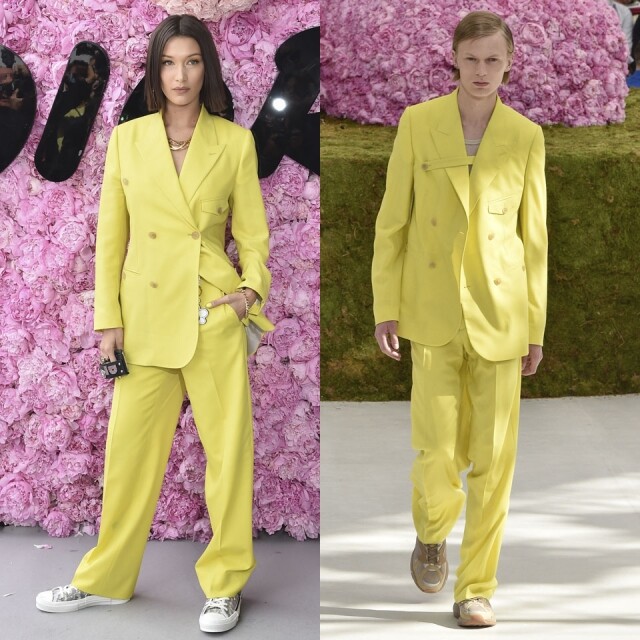 Bella Hadid 穿上 Dior Homme 的黃色西裝出席今年 Dior Homme spring/summer 時裝秀。她把一身黃色的西裝穿得俐落幹練，配上球鞋、金項鍊、鎖扣等衣飾，更顯時尚玩味。