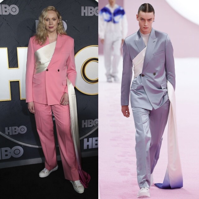 Dior Homme 2020 年春夏系列的西裝設計別出心裁，西裝領口連帶著長長的漸變色絲帶。聰明的Gwendoline Christie 更選了粉紅色來中和西裝的男性化，並穿上球鞋使西裝造型不至過於正式。