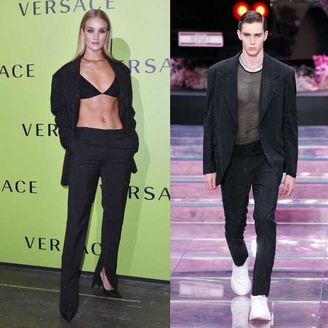 Rosie Huntington-Whiteley 穿著 Versace 2020 年春夏系列的男士西裝出席 Versace 的活動。男模在西裝裡內搭透視上衣，而 Rosie 則選擇穿上黑色內衣代替上衣，十分誘人。西裝褲腳也改成開衩設計，時尚感大大提升了不少。