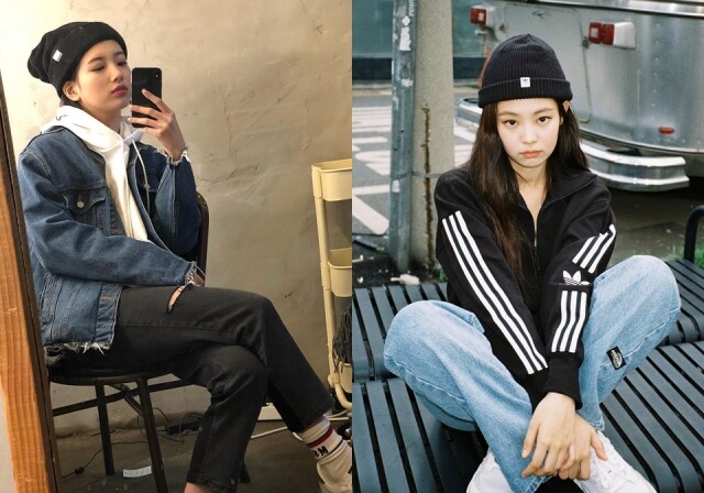 Jennie 和秀智都以黑色冷帽配搭 hoodie 拼牛仔褲的樸素打扮。