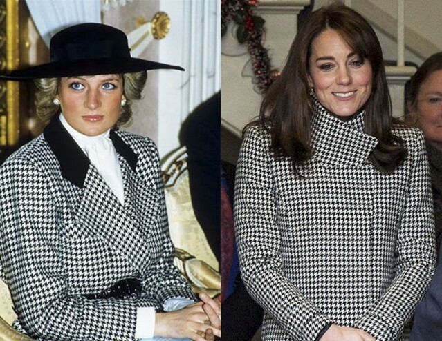 黑白千鳥格圖案外套，二人分別都要用黑色配件作配襯，凱特王妃手執黑色 Clutch，簡單低調，相反戴妃則配以黑色禮帽，更顯時尚。